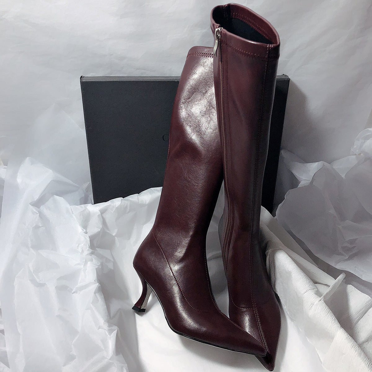 2025  Internet celebrity high heel beautiful solid color pointed thin heel side zipper elastic thin boots women's boots