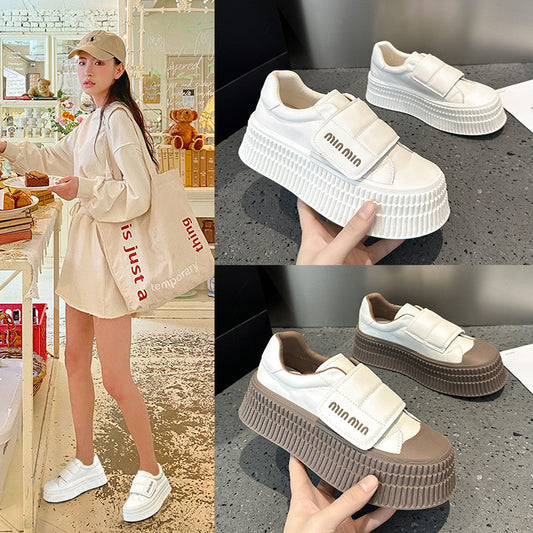 2025 Thick-soled muffin biscuit shoes women's popular spring new Korean version versatile little white shoes Velcro casual board shoes student shoes