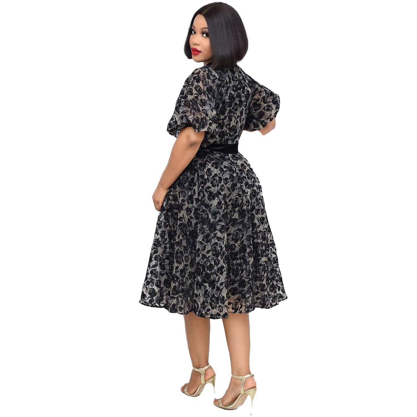 summer new temperament stand-up collar black flocking encrypted mesh waist lace splicing fashionable and thin dress