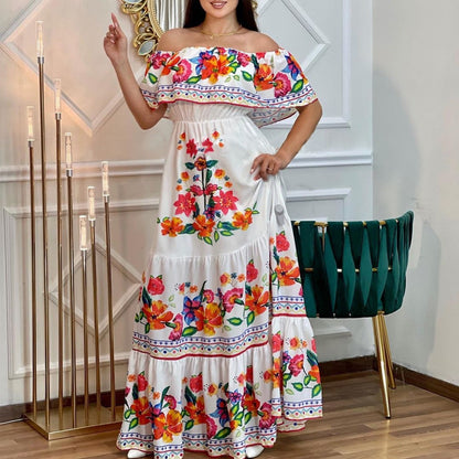 2025 Popular trade spring and summer  independent station wish new one-word shoulder printing long pendulum dress