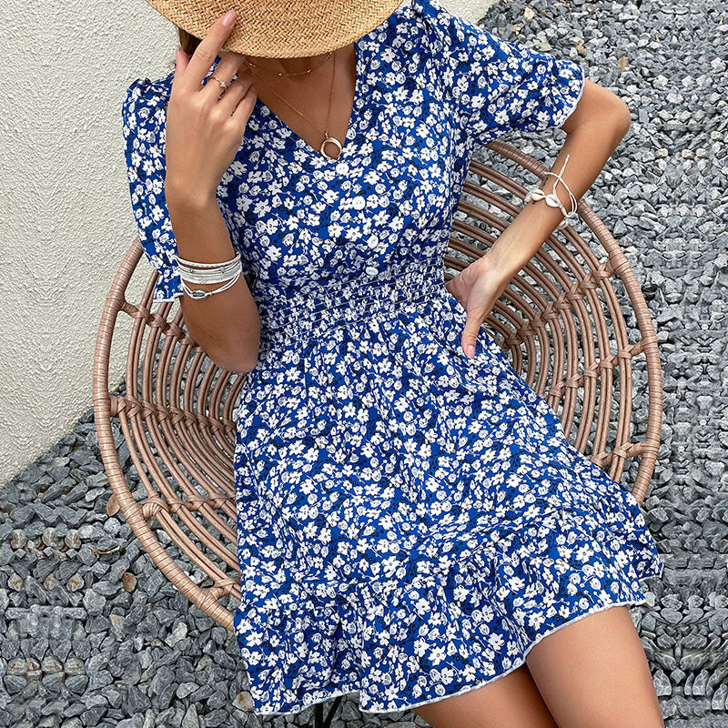 LOVECCR Hot new summer waist skirt   2025 women's clothing v-neck ruffle floral dress