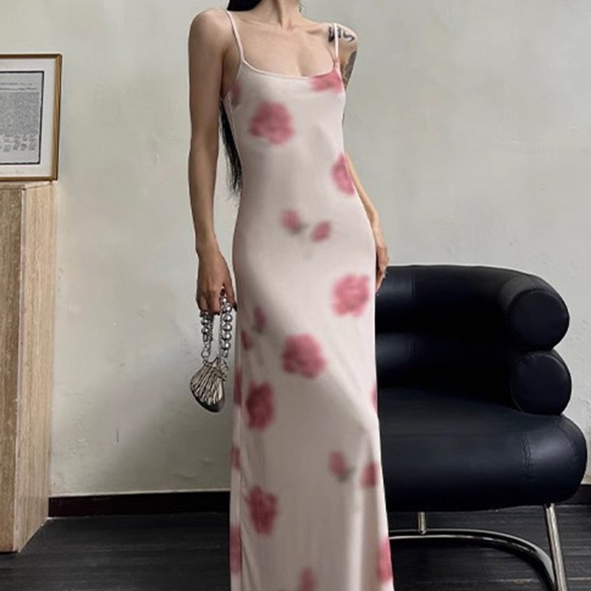 LOVECCR 2025 PB213  New new holiday beach dress printed elastic mesh suspender dress sexy long dress women