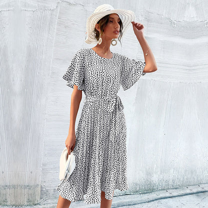 LOVECCR women's clothing Hot new summer lotus leaf sleeve leopard print dress 2025 lace-up pleated dress