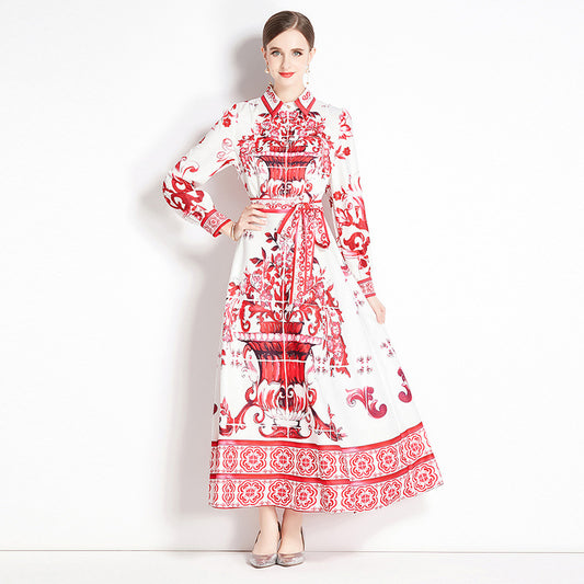 Retro court style long-sleeved lapel waist thin lace-up celadon printed a-word dress elegant dress long dress
