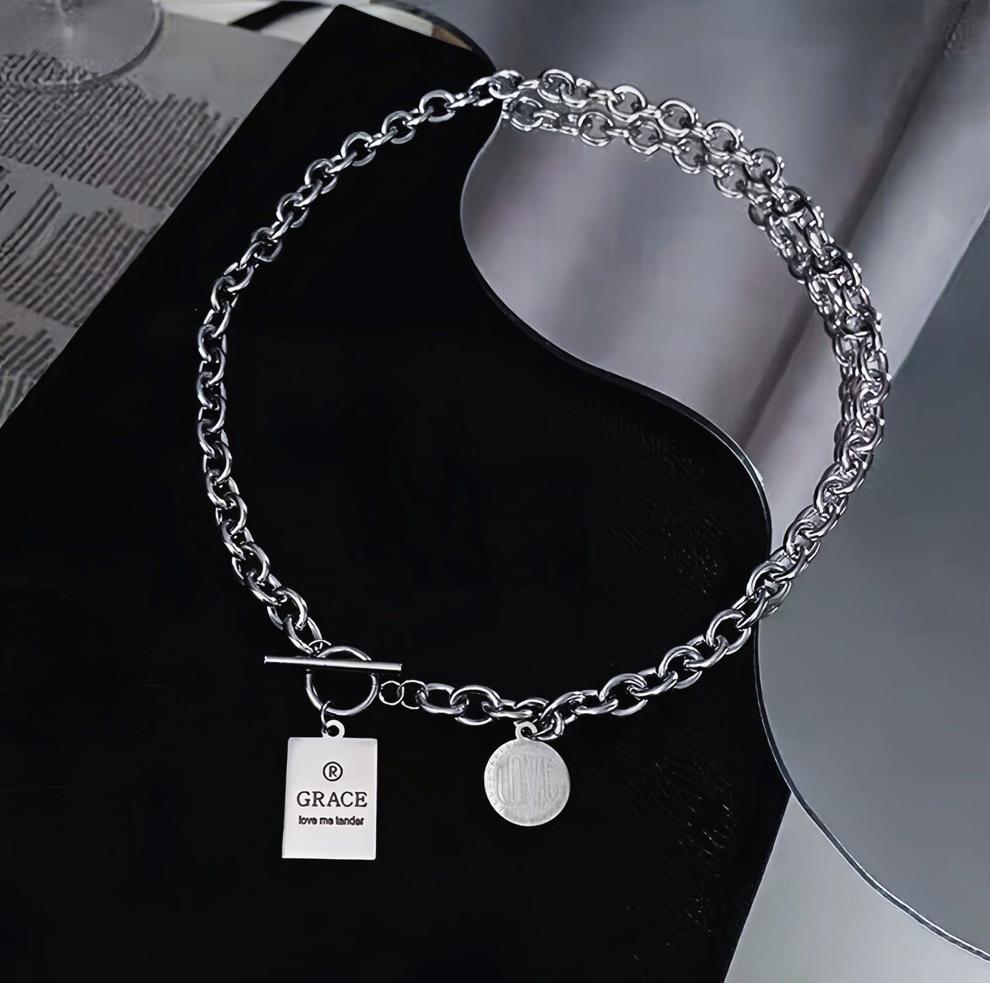 Harajuku Dark Style Hiphop Round Square Brand Stainless Steel Letter Choker Combination Titanium Steel Men and Women Clavicle Chain to Chain