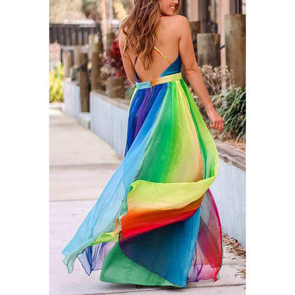 2025 New new spring and summer 2025 Popular trade women's long dress sexy deep V rainbow mesh suspender, dress