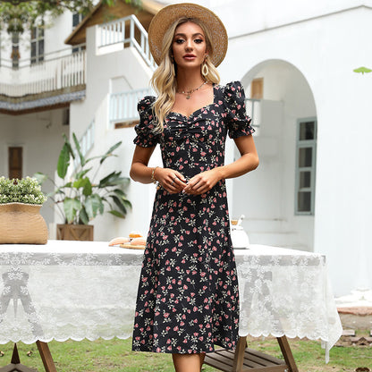 LOVECCR Summer peach heart neck floral skirt  foreign trade women's clothing medium and long bubble sleeve split lisianthus dress wholesale