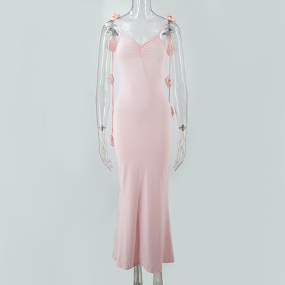 LOVECCR 2025 cross-border popular women's clothing sexy evening dress backless shoulder strap three-dimensional flower decorative suspender long dress