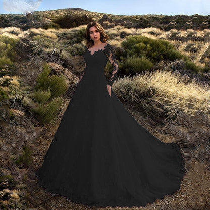 2025 New  Women's Clothing  Dress Long Sleeve Solid Color Perspective Lace Bridal Wedding Dress