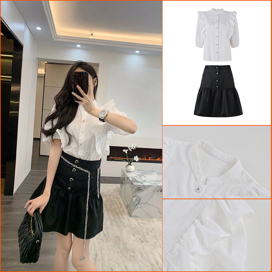 New small white ruffle edge thin pleated top high waist pleated A word short skirt two-piece set L5026