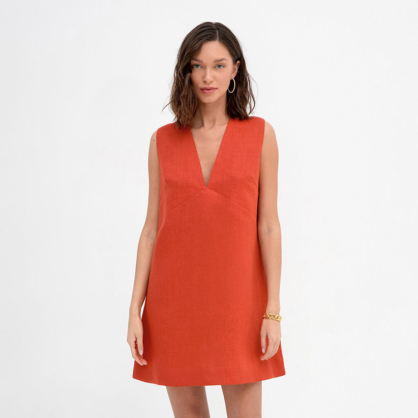 2025   simple and comfortable loose cotton and linen vest skirt women's summer solid color V-neck sleeveless dress short skirt