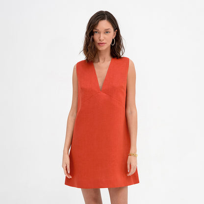 2025   simple and comfortable loose cotton and linen vest skirt women's summer solid color V-neck sleeveless dress short skirt