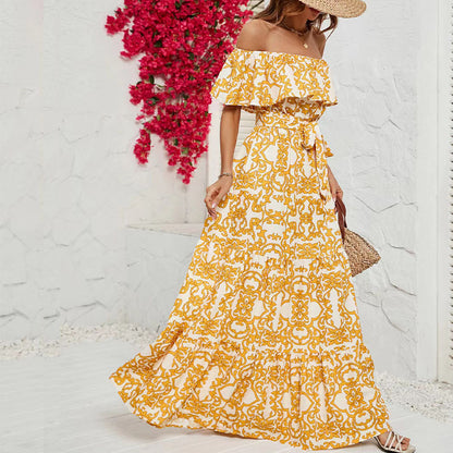 2025 2025 New new independent station  dress women's one-word shoulder short-sleeved printed ruffle edge long dress