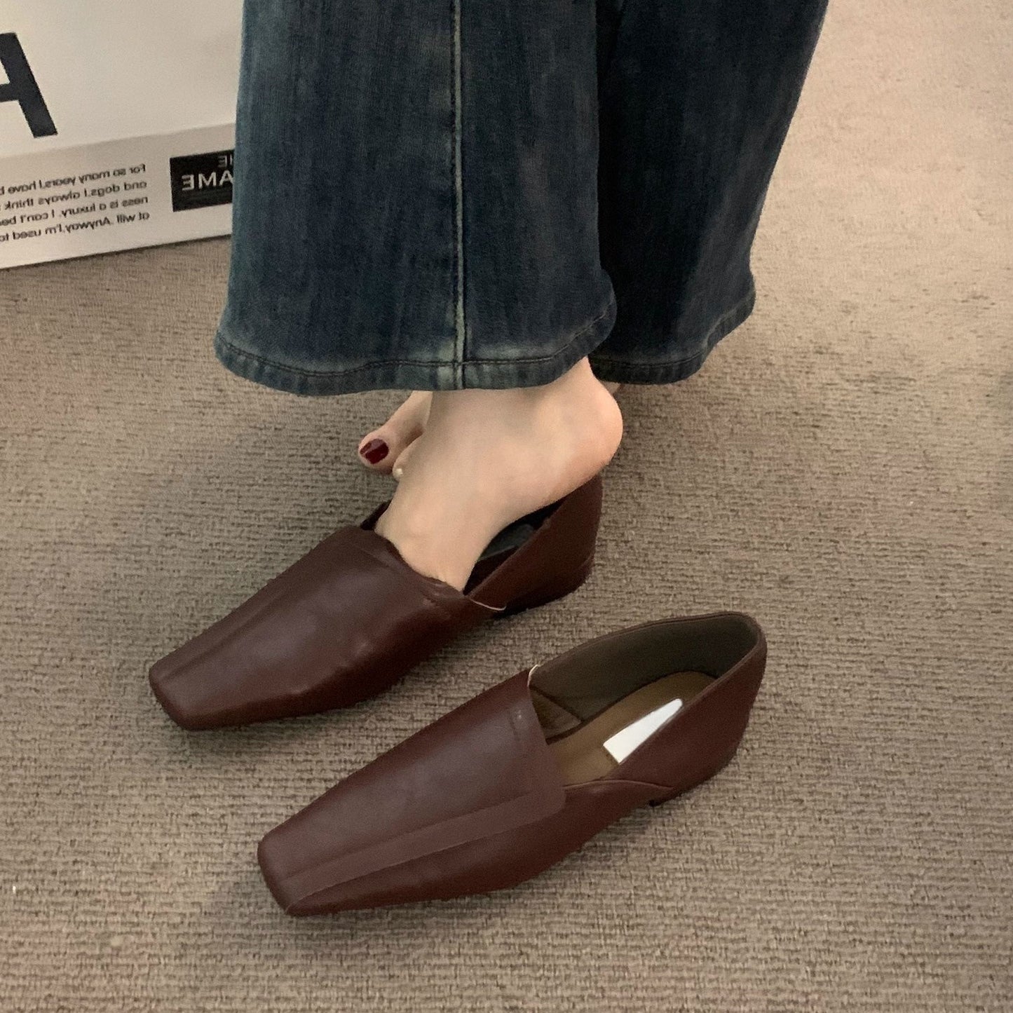2025  Retro Muller square head niche single shoes women's shoes spring and autumn with skirt  with skirt suede low heel loafers