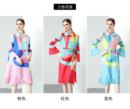 Pleated printed dress new  spring and autumn lapel single-breasted cardigan large size waist strap medium and long dress