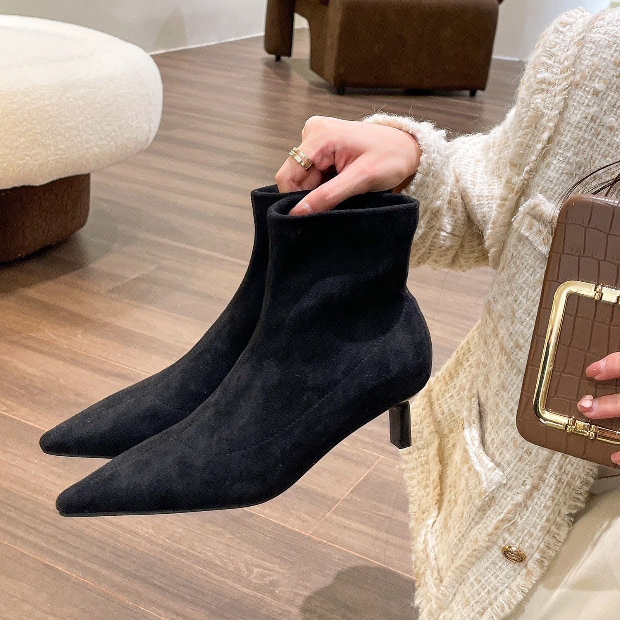 2025  high heels pointed elastic thin boots women autumn and winter cat heel popular super fire and ankle boots short boots