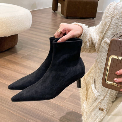 2025  high heels pointed elastic thin boots women autumn and winter cat heel popular super fire and ankle boots short boots