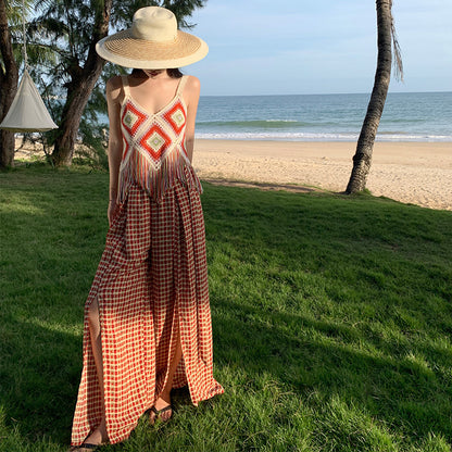 2025 Loose wide-leg pants women's summer Thailand vacation trousers high waist lazy drop pants plaid split drape floor pants