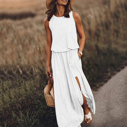 New spring and summer new  Popular trade women's clothing round neck sleeveless dress split fork solid color casual commuter dress