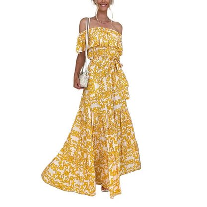 2025 2025 New new independent station  dress women's one-word shoulder short-sleeved printed ruffle edge long dress