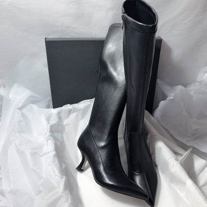 2025  Internet celebrity high heel beautiful solid color pointed thin heel side zipper elastic thin boots women's boots