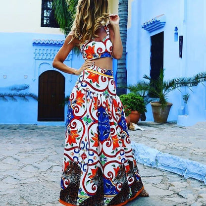 2025 Spring and Summer New  Women's Clothing Sexy Temperament Suspender Printed Dress Set Beach Dress Two-piece Pack
