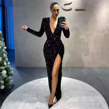 New  wish  women's clothing sexy deep V long sleeve slim sequin dress split long dress INS