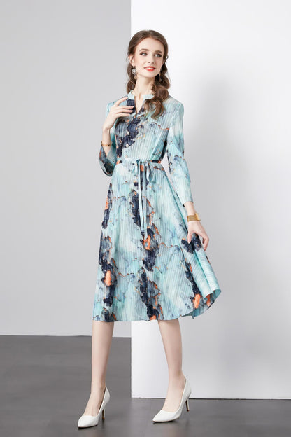 Temperament printed dress women's autumn new retro pleated round neck casual loose atmosphere and thin