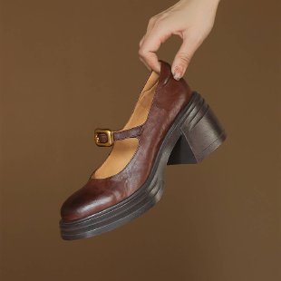 2025  British versatile platform round head small leather shoes women's retro light mouth one-word buckle thick heel Mary Jane shoes