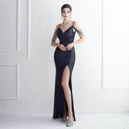 19630 #bead bead suspender party sequined dress long banquet slim evening dress temperament elegant