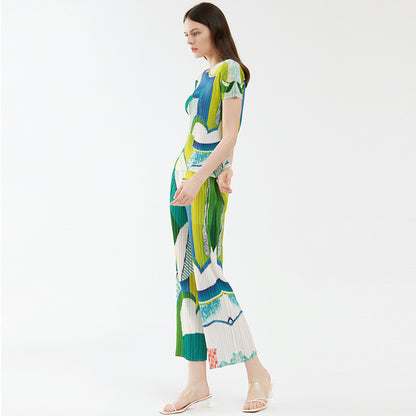 Miyake casual printing suit, summer new women's short-sleeved top, fashionable Korean version of drape trousers, two-piece set for women