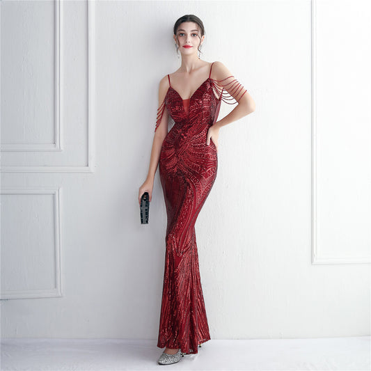 19625 #Positioning flower bead suspender party sequined dress long banquet slim evening dress temperament elegant
