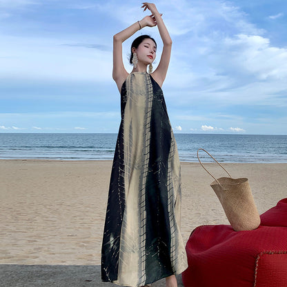 2025 Seaside vacation style big halter dress retro striped printed long dress sleeveless loose and thin neck beach dress