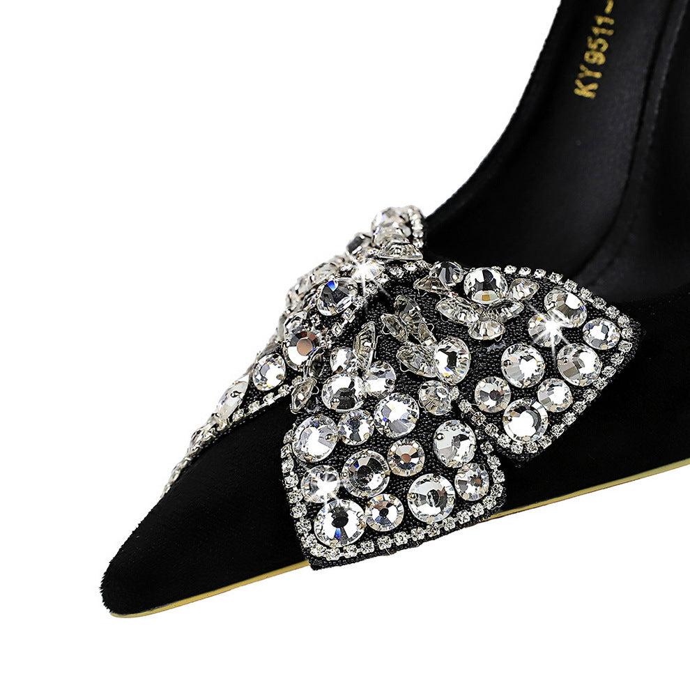 LOVECCR 2025 9511-H29  banquet high heels thin heel super high heel suede shallow mouth pointed rhinestone bow single shoes women