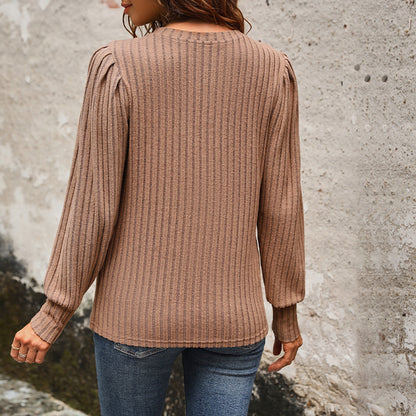 LOVECCR 2025 foreign trade women's clothing simple commuter pullover T-shirt women's knitted pit strip long-sleeved bubble sleeve top