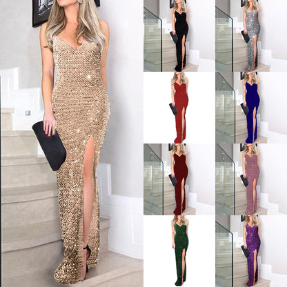 New summer new  women's clothing high-waisted sexy fashion dress suspender sequined split dress