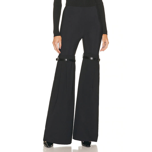 2025 Micro-flared trousers  spring and summer new high-waisted and thin design belt splicing solid color slim-fitting versatile pants