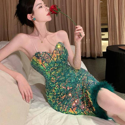 LOVECCR Socialite Retro Green Sequin Shiny Sheath Party Evening Dress Elegant Sexy Slim Strap Dress