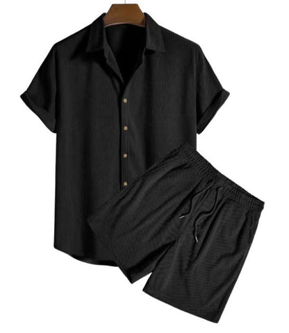 European and American  Foreign Trade Independent Station Men's Casual Loose Multi-Color Beachwear Corduroy Short Sleeve Suit Two-Piece Set