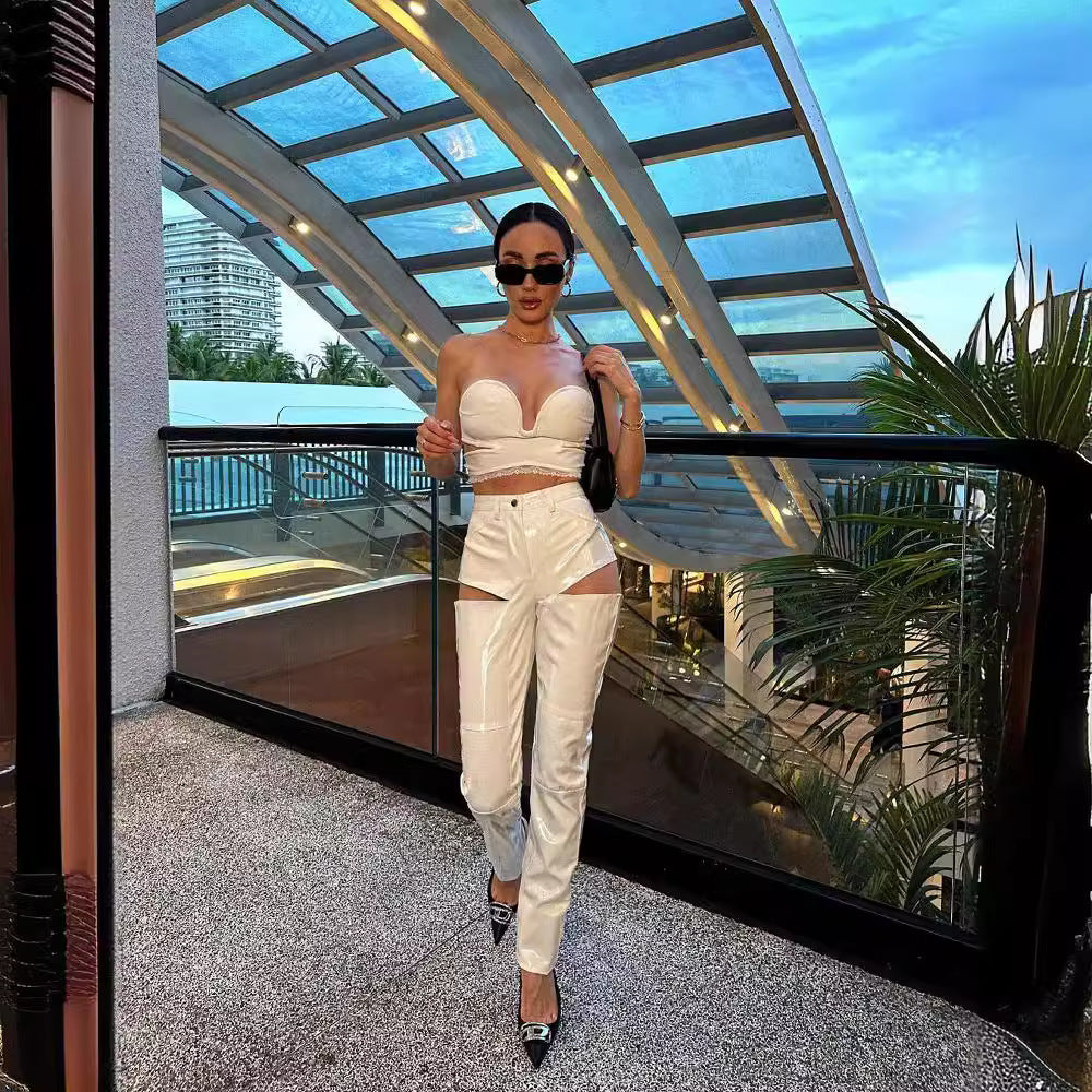 LOVECCR White low-elastic lace lace tube top PU hollow trousers two-piece set high-end 2025 suit new women's autumn