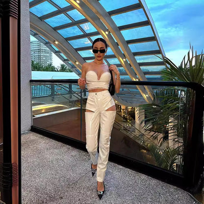 LOVECCR White low-elastic lace lace tube top PU hollow trousers two-piece set high-end 2025 suit new women's autumn