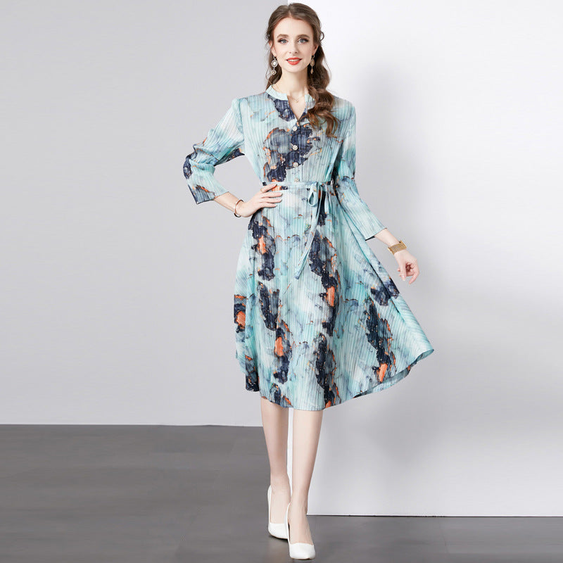 Temperament printed dress women's autumn new retro pleated round neck casual loose atmosphere and thin