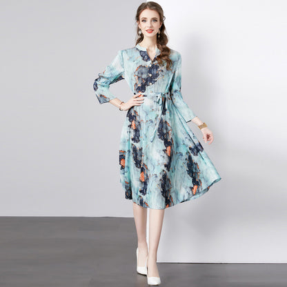 Temperament printed dress women's autumn new retro pleated round neck casual loose atmosphere and thin