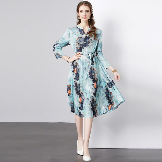 Temperament printed dress women's autumn new retro pleated round neck casual loose atmosphere and thin