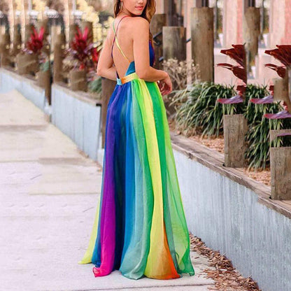 spring and summer new,  New Popular trade women's New new suspender sexy deep V rainbow chiffon suspender dress