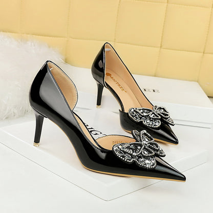 LOVECCR 2025 638-AH23  style banquet high heels thin heel shallow mouth pointed patent leather side hollow rhinestone bow single shoes