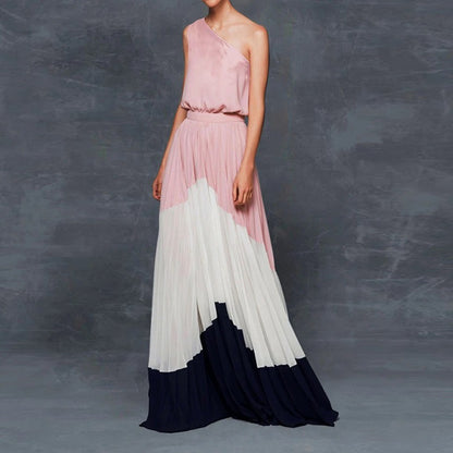 2025 spring and summer new  Popular trade  women's clothing dress contrasting colors loose splicing off-the-shoulder printed dress