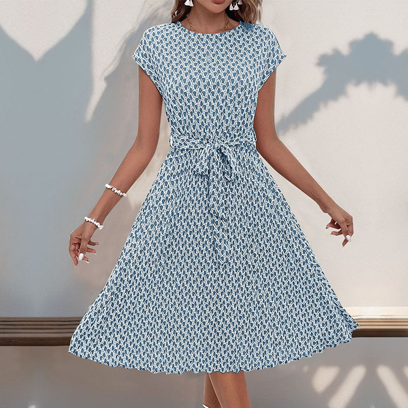 LOVECCR Summer short-sleeved lace-up pleated dress  temu hot sale fashionable women's clothing elegant temperament simple skirt