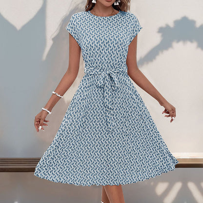 LOVECCR Summer short-sleeved lace-up pleated dress  temu hot sale fashionable women's clothing elegant temperament simple skirt
