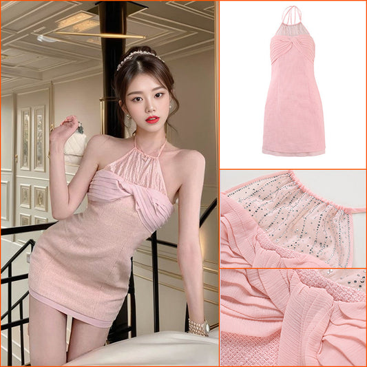 Soft and natural posture with its own chest pad, neck fairy dress, female vacation style waist and thin chiffon dress L4088